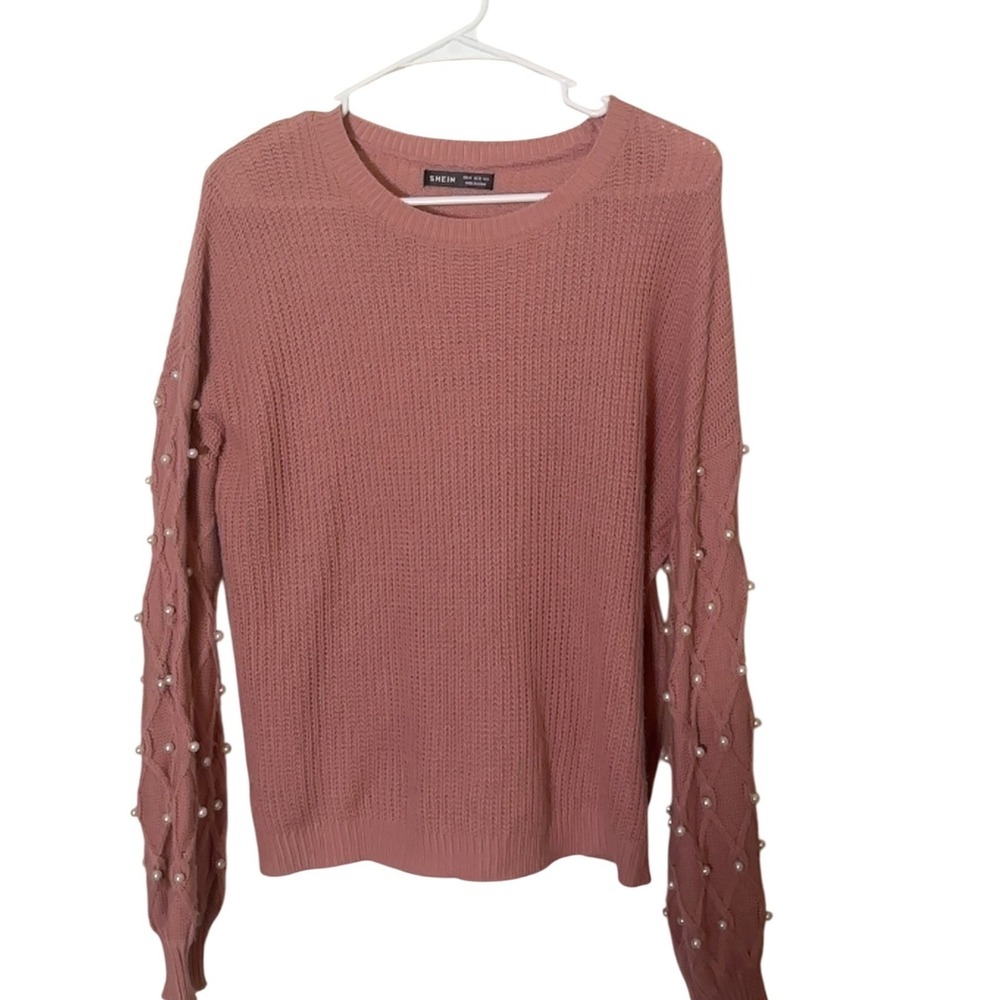 Soft Womens Pink Knit Sweater Pearl Beaded Sleeves Crew Neck Medium US6‎ Classic
